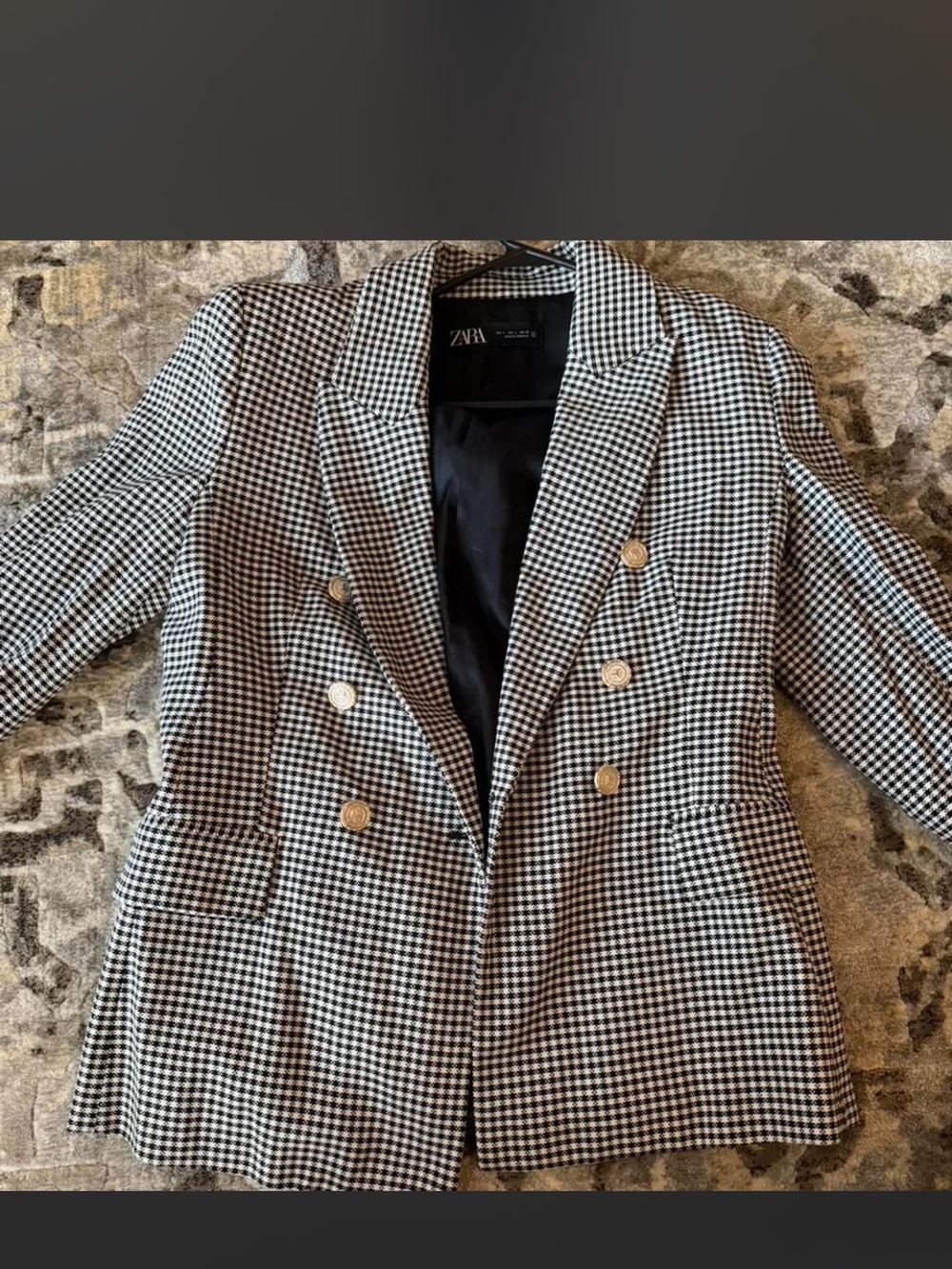 Zara Black & White Houndstooth Double-Breasted Blazer with Gold Buttons